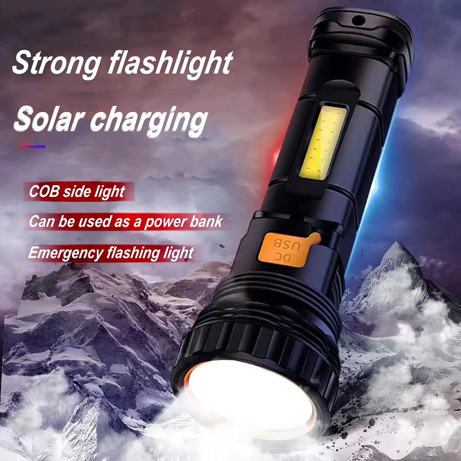 Solar/Rechargeable Multifunctional 1000 Lumen LED Flashlight with Emergency Strobe Light and 800 mAh Battery, Emergency Power Supply & USB Charging Cable, Fast Charging (1 Piece)