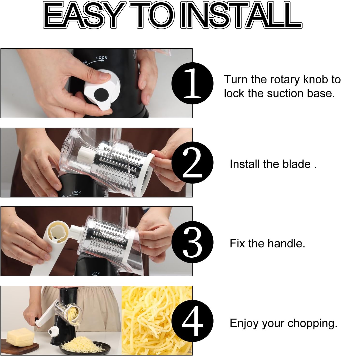 Rotary Cheese Grater Hand Crank, Kitchen Crusher Speed Mandolin Slicer Nut Grinder with Handle and Drum Blade for Cheese, Vegetable, Walnut, Chocolate, Potato, Carrot, 3 Blades, Black