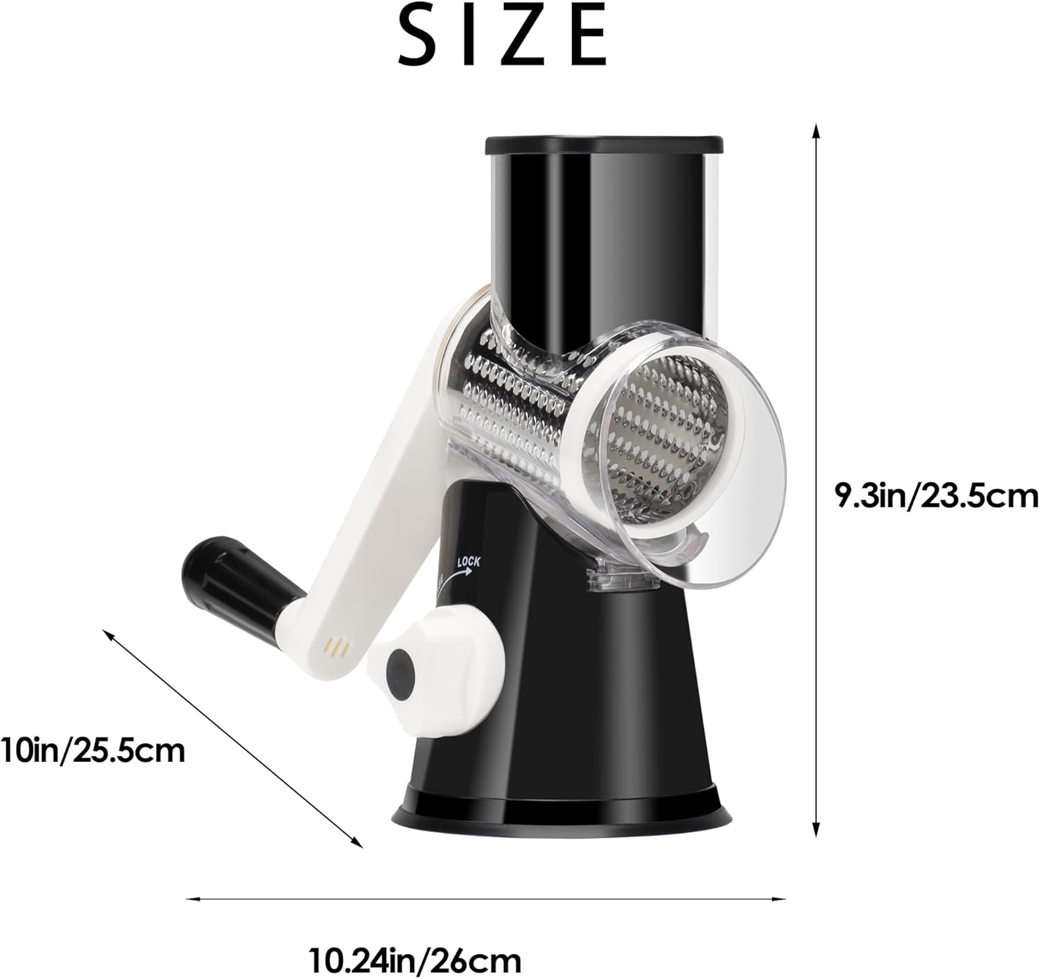 Rotary Cheese Grater Hand Crank, Kitchen Crusher Speed Mandolin Slicer Nut Grinder with Handle and Drum Blade for Cheese, Vegetable, Walnut, Chocolate, Potato, Carrot, 3 Blades, Black