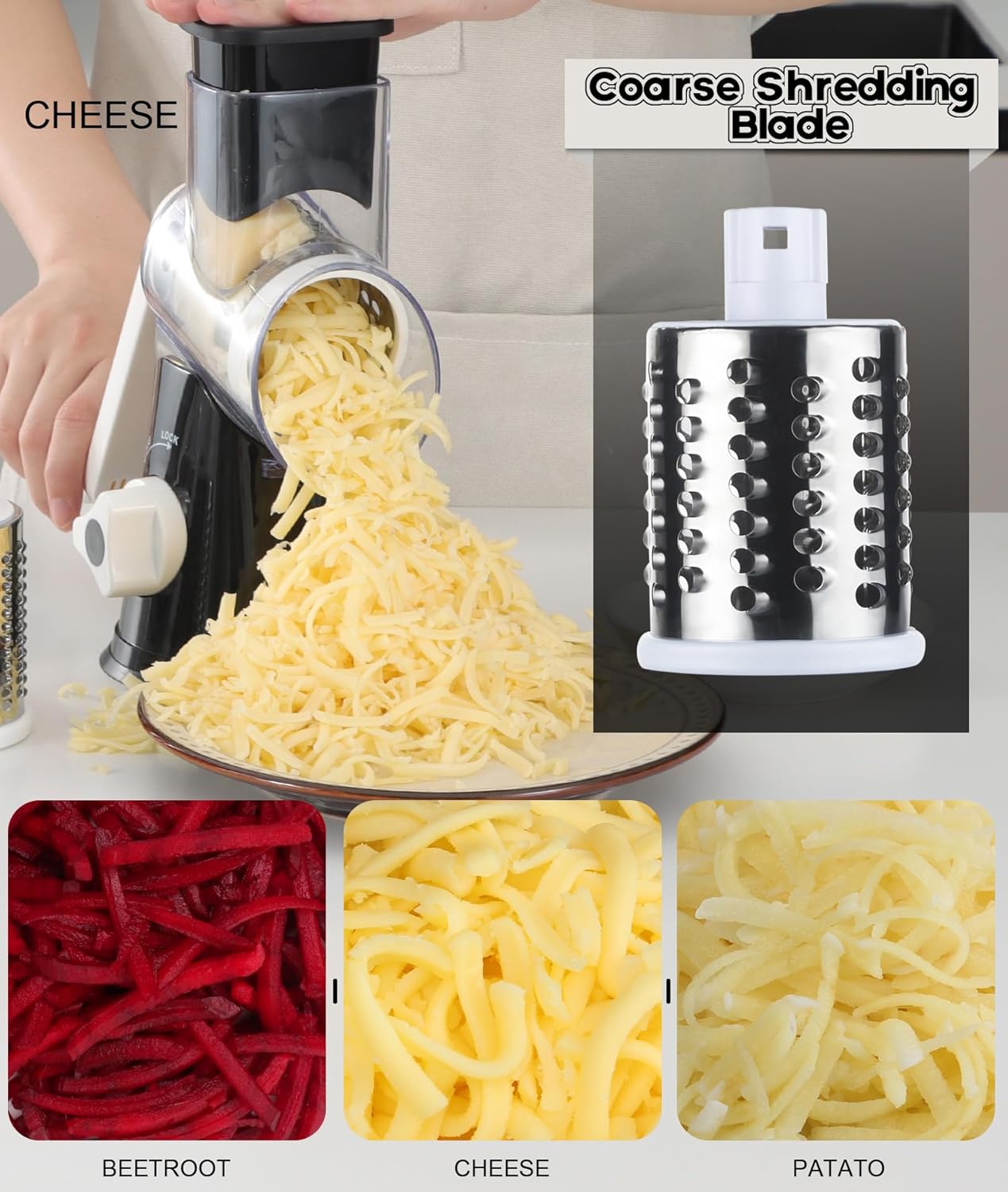 Rotary Cheese Grater Hand Crank, Kitchen Crusher Speed Mandolin Slicer Nut Grinder with Handle and Drum Blade for Cheese, Vegetable, Walnut, Chocolate, Potato, Carrot, 3 Blades, Black