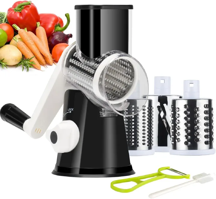 Rotary Cheese Grater Hand Crank, Kitchen Crusher Speed Mandolin Slicer Nut Grinder with Handle and Drum Blade for Cheese, Vegetable, Walnut, Chocolate, Potato, Carrot, 3 Blades, Black