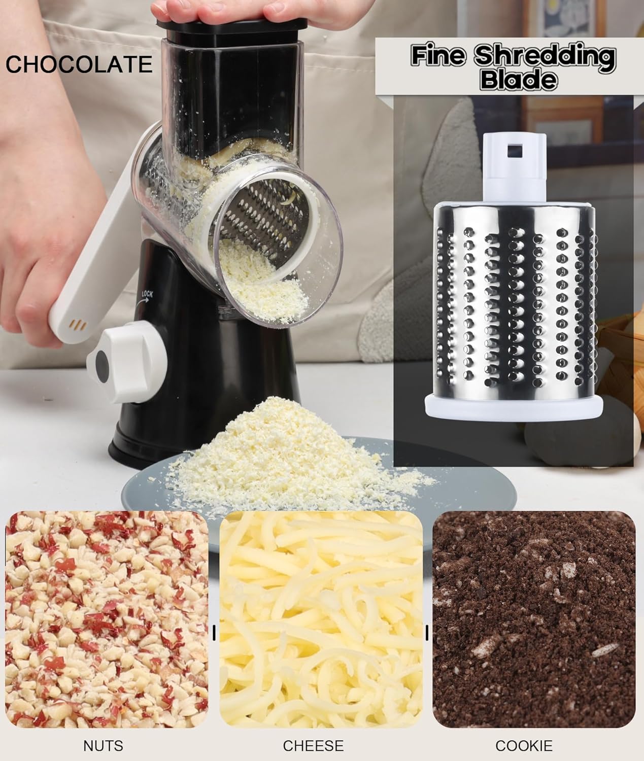 Rotary Cheese Grater Hand Crank, Kitchen Crusher Speed Mandolin Slicer Nut Grinder with Handle and Drum Blade for Cheese, Vegetable, Walnut, Chocolate, Potato, Carrot, 3 Blades, Black