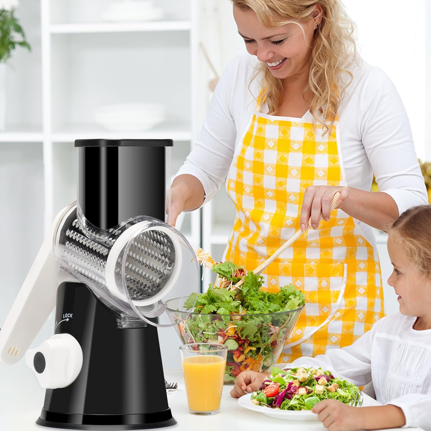 Rotary Cheese Grater Hand Crank, Kitchen Crusher Speed Mandolin Slicer Nut Grinder with Handle and Drum Blade for Cheese, Vegetable, Walnut, Chocolate, Potato, Carrot, 3 Blades, Black