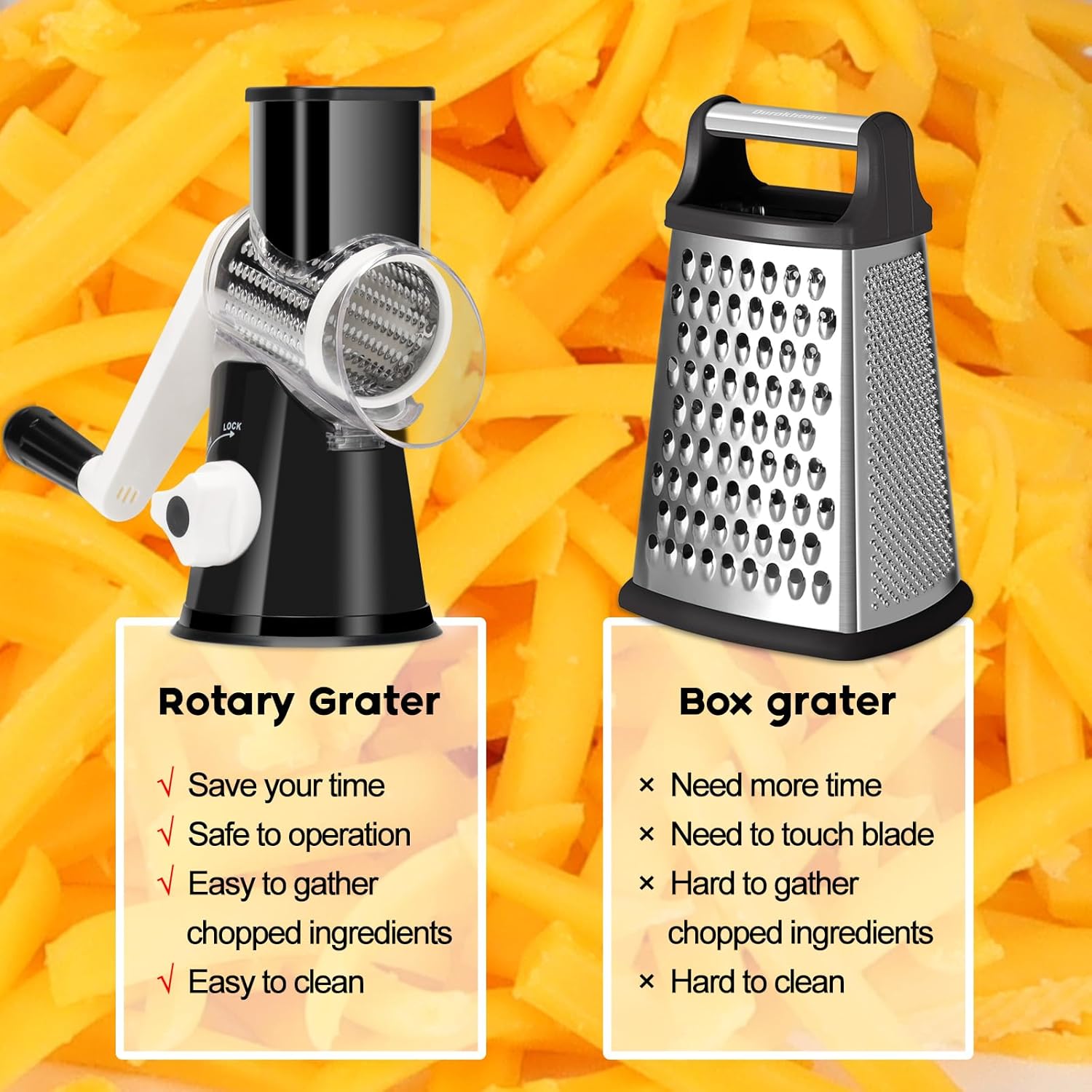 Rotary Cheese Grater Hand Crank, Kitchen Crusher Speed Mandolin Slicer Nut Grinder with Handle and Drum Blade for Cheese, Vegetable, Walnut, Chocolate, Potato, Carrot, 3 Blades, Black
