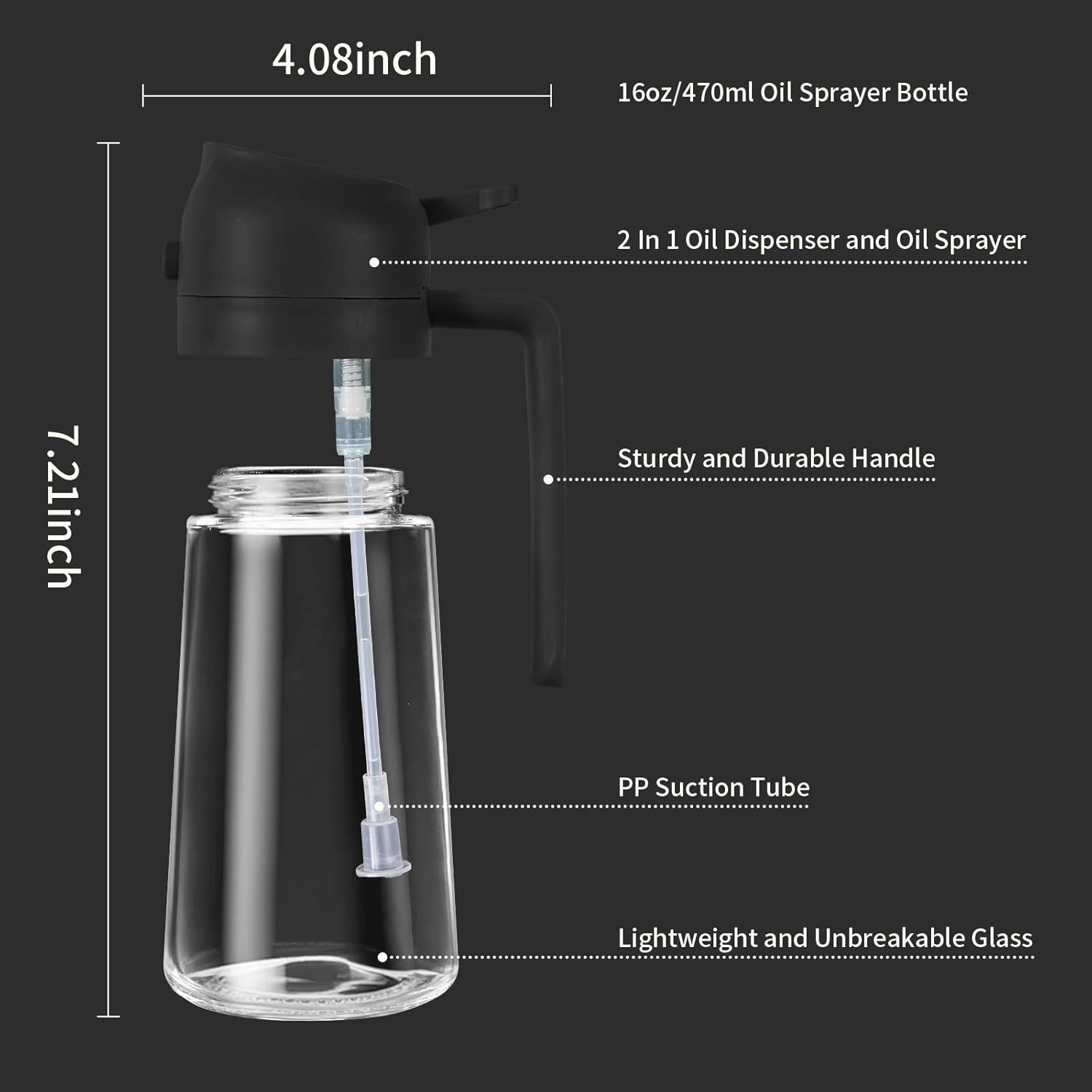 2-in-1 Oil Dispenser & Oil Sprayer, 450ml Dispenser Bottle Spray & Pour, Glass Olive Oil Sprayer for Cooking, Food Grade Oil Spray Bottle for Grilling, Air Fryer, Kitchen