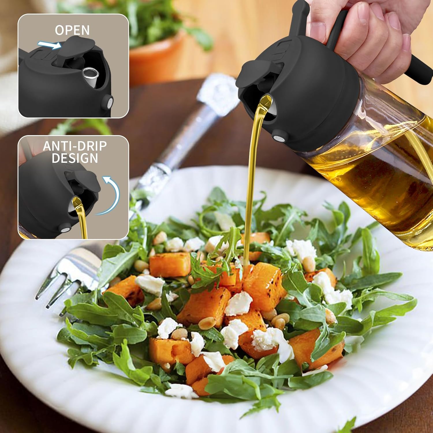 2-in-1 Oil Dispenser & Oil Sprayer, 450ml Dispenser Bottle Spray & Pour, Glass Olive Oil Sprayer for Cooking, Food Grade Oil Spray Bottle for Grilling, Air Fryer, Kitchen