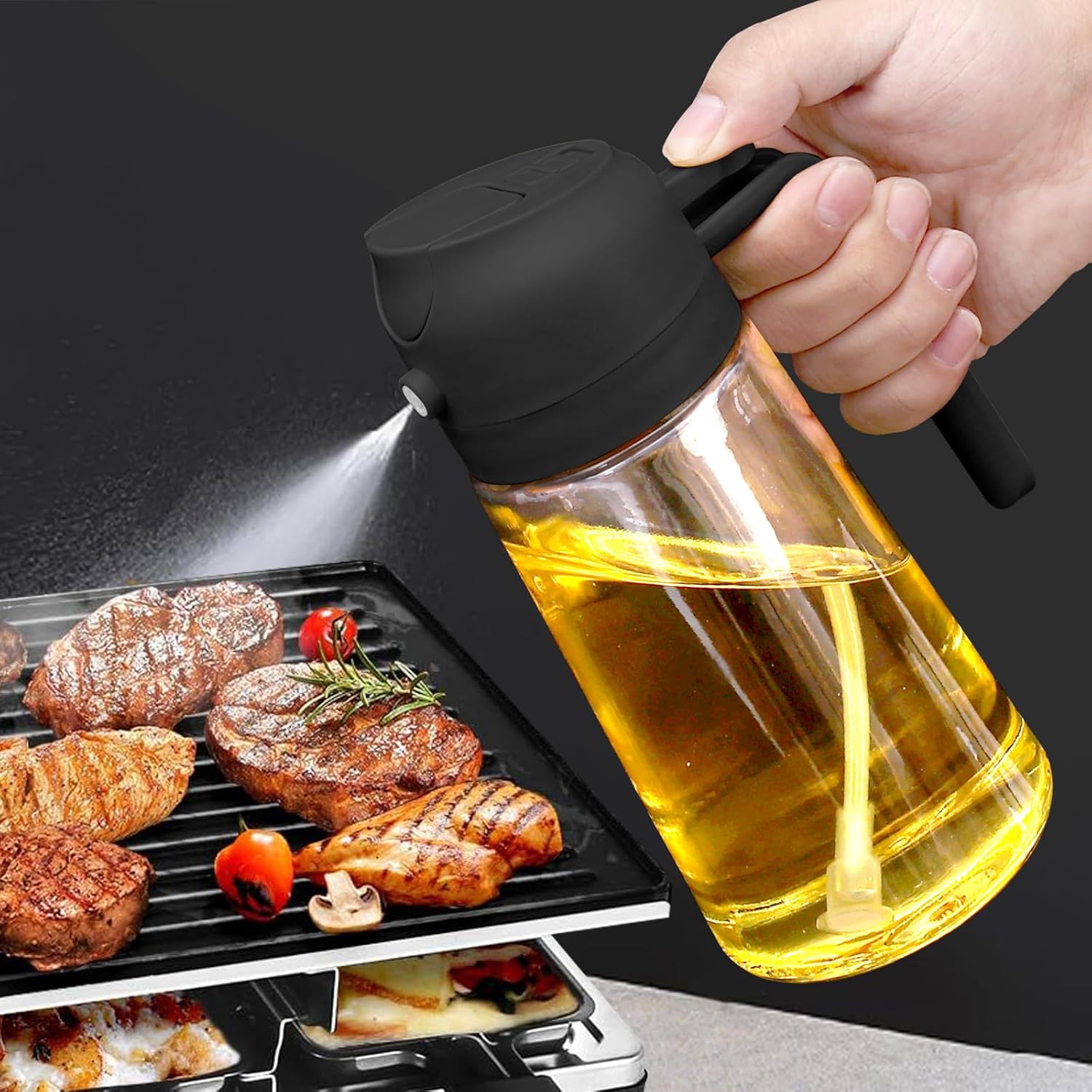 2-in-1 Oil Dispenser & Oil Sprayer, 450ml Dispenser Bottle Spray & Pour, Glass Olive Oil Sprayer for Cooking, Food Grade Oil Spray Bottle for Grilling, Air Fryer, Kitchen