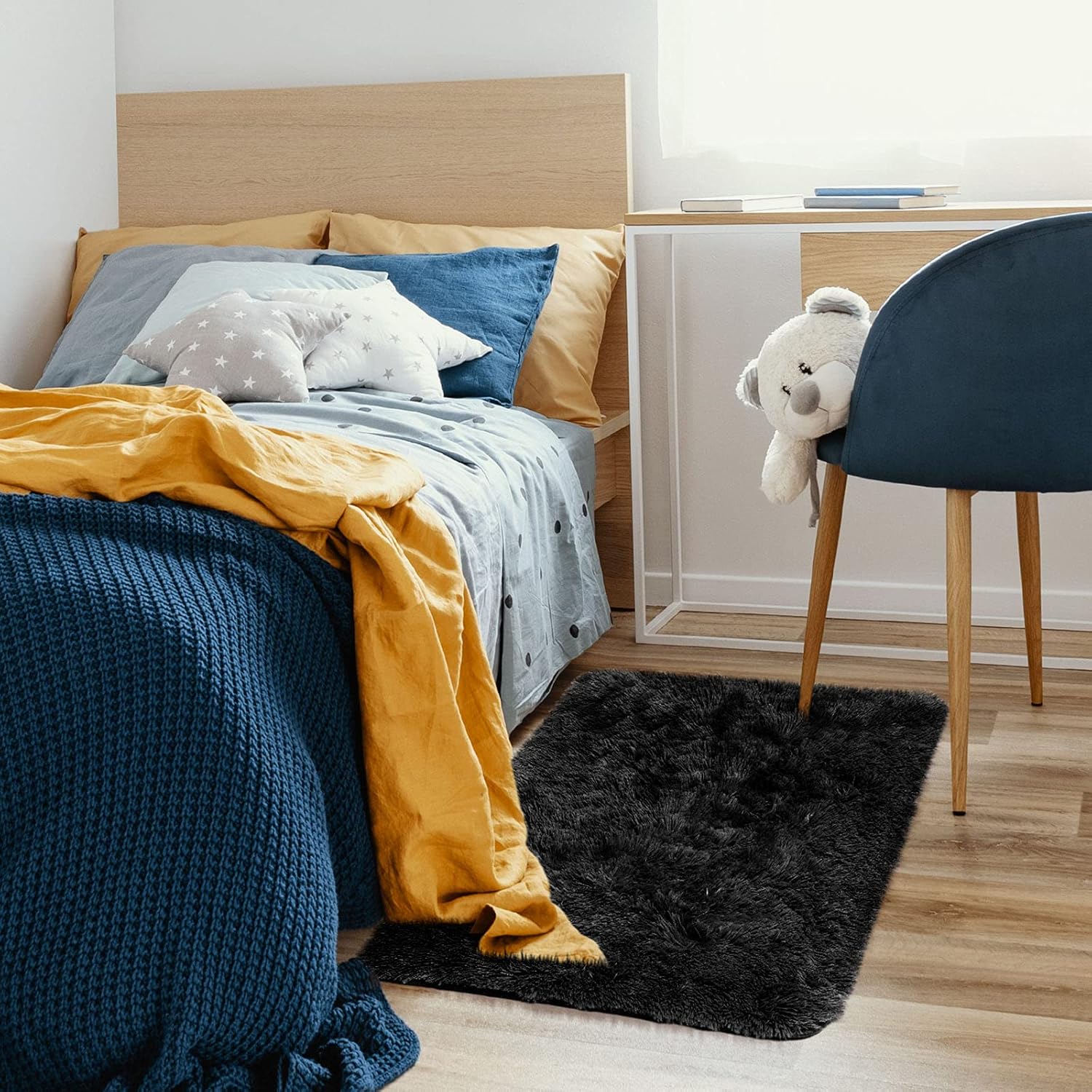 Black Entrance Rug Bedroom, 2x3 Feet Rug, Affordable Non Slip Puffy Rug, Plush Soft Living Room Rug, Home Decor Aesthetics, Nursery