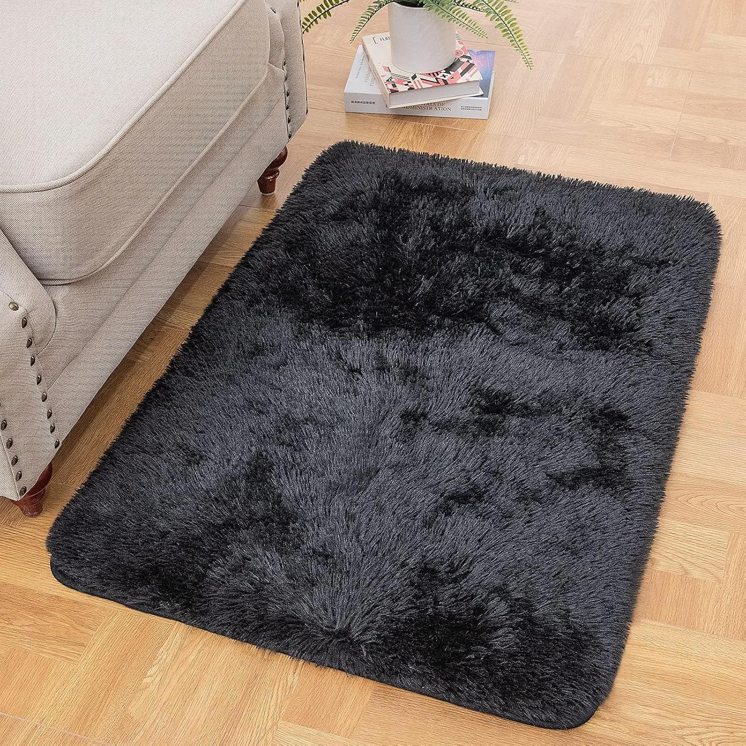 Black Entrance Rug Bedroom, 2x3 Feet Rug, Affordable Non Slip Puffy Rug, Plush Soft Living Room Rug, Home Decor Aesthetics, Nursery
