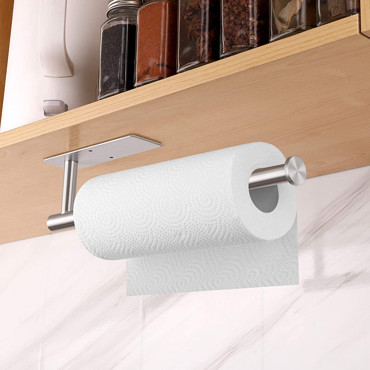 Self Adhesive stainless steel wall mount kitchen long paper towel holder....self adhesive under cabinet/tissue/towel holder...sticks by adhesive/screws