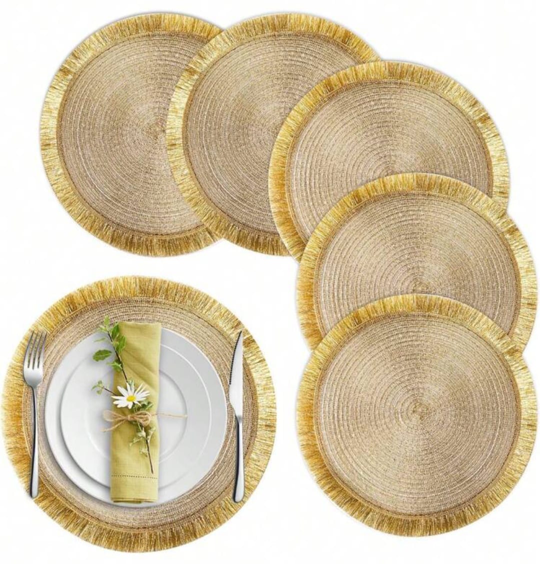 High Quality Round Shimmery Gold Placemats Set of 6 – 38cm Spiral Weave with Fringe Border, Stylish Durable Table Mats for Dining, Parties, Centerpieces & Charger Plate Base