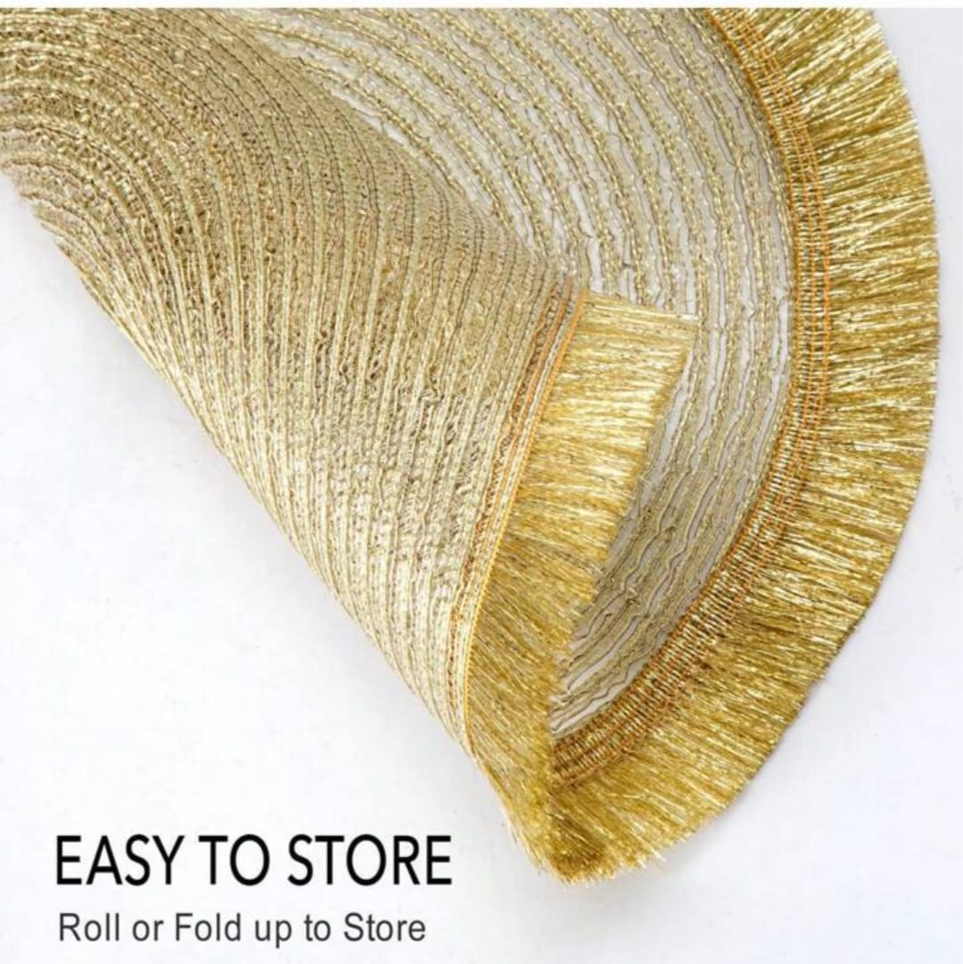 High Quality Round Shimmery Gold Placemats Set of 6 – 38cm Spiral Weave with Fringe Border, Stylish Durable Table Mats for Dining, Parties, Centerpieces & Charger Plate Base