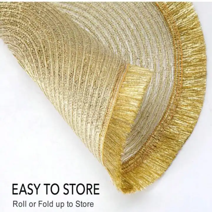 High Quality Round Shimmery Gold Placemats Set of 6 – 38cm Spiral Weave with Fringe Border, Stylish Durable Table Mats for Dining, Parties, Centerpieces & Charger Plate Base