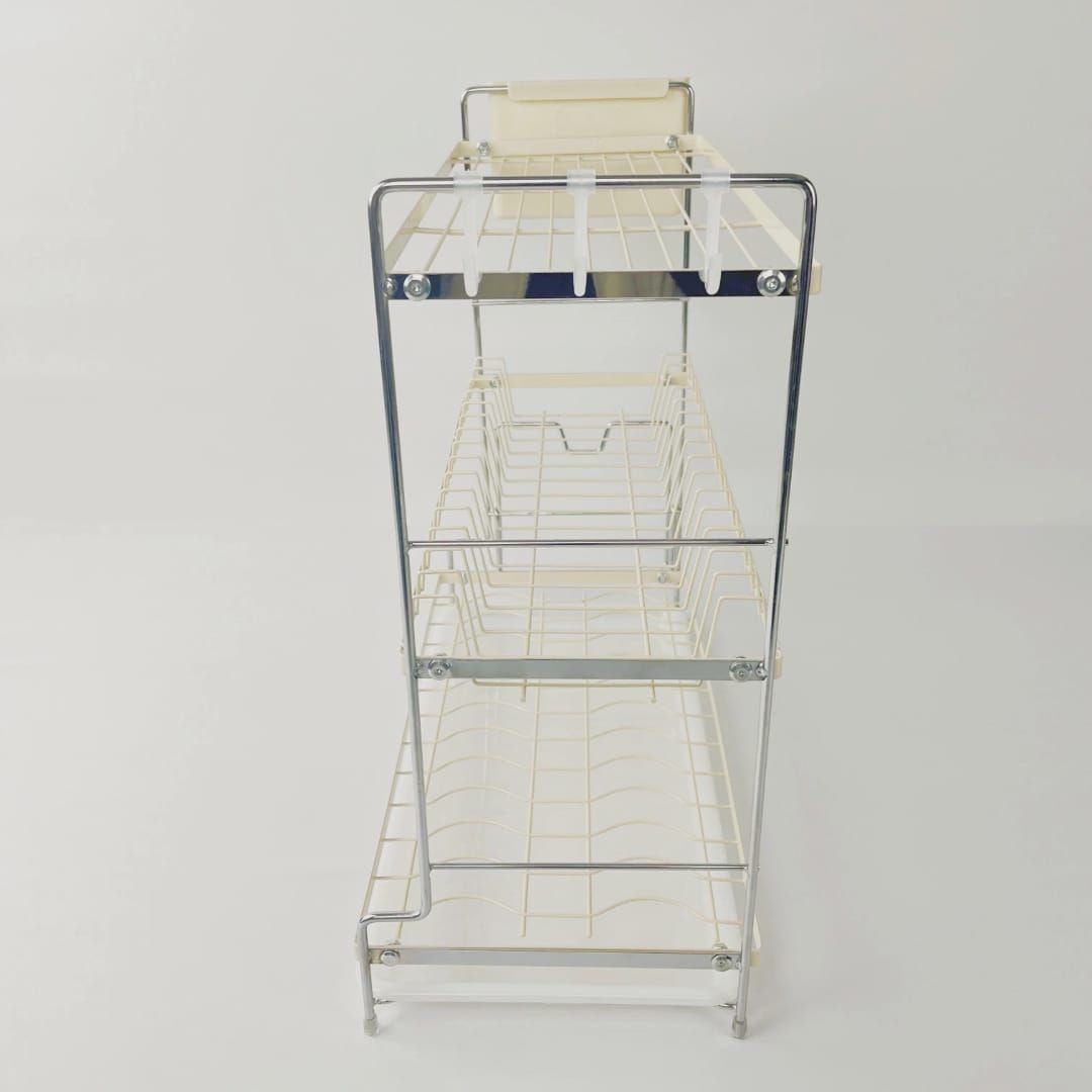 3-Tier Dish Rack – Spacious Kitchen Organizer for Plates, Bowls, Utensils & Fruits with Side Hooks, Durable Metal Frame & Drip Trays for Dry, Clutter-Free Countertops