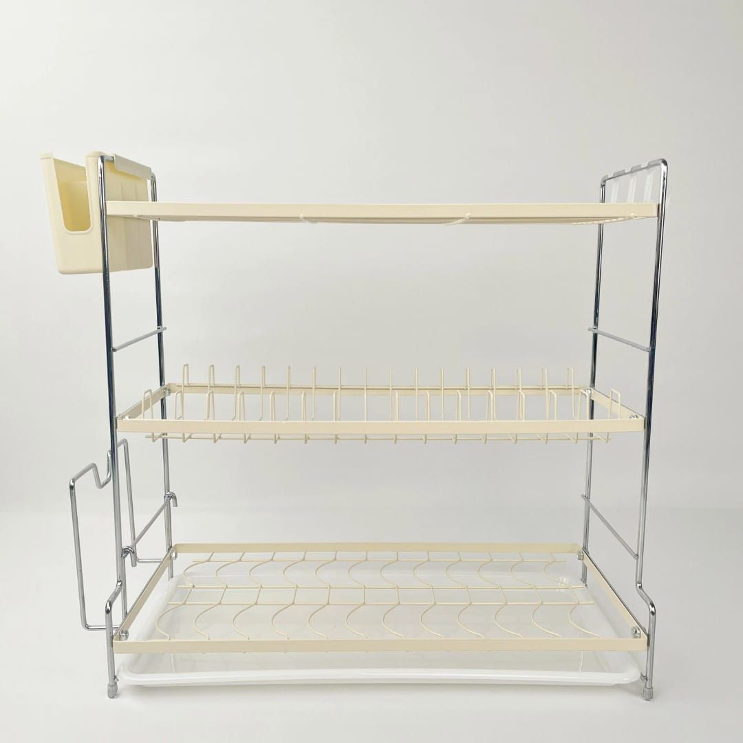 3-Tier Dish Rack – Spacious Kitchen Organizer for Plates, Bowls, Utensils & Fruits with Side Hooks, Durable Metal Frame & Drip Trays for Dry, Clutter-Free Countertops