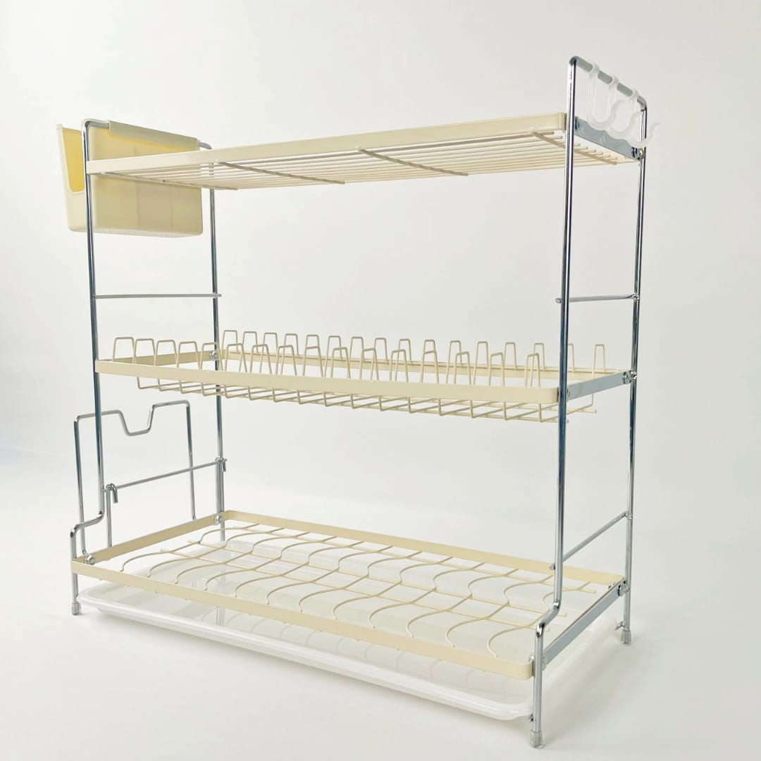 3-Tier Dish Rack – Spacious Kitchen Organizer for Plates, Bowls, Utensils & Fruits with Side Hooks, Durable Metal Frame & Drip Trays for Dry, Clutter-Free Countertops