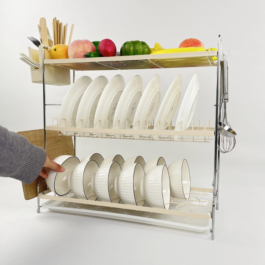 3-Tier Dish Rack – Spacious Kitchen Organizer for Plates, Bowls, Utensils & Fruits with Side Hooks, Durable Metal Frame & Drip Trays for Dry, Clutter-Free Countertops