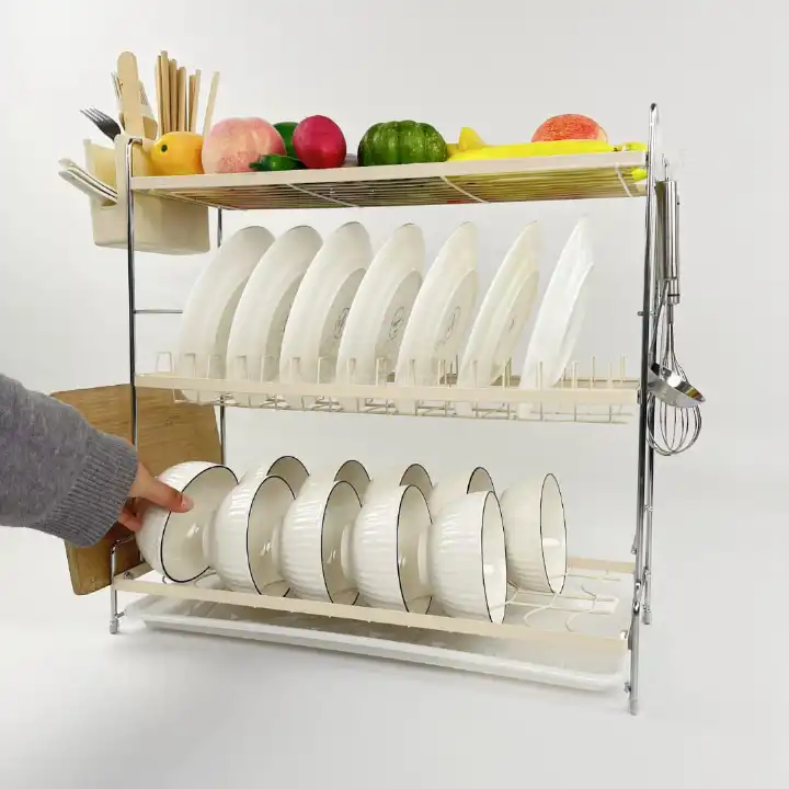 3-Tier Dish Rack – Spacious Kitchen Organizer for Plates, Bowls, Utensils & Fruits with Side Hooks, Durable Metal Frame & Drip Trays for Dry, Clutter-Free Countertops