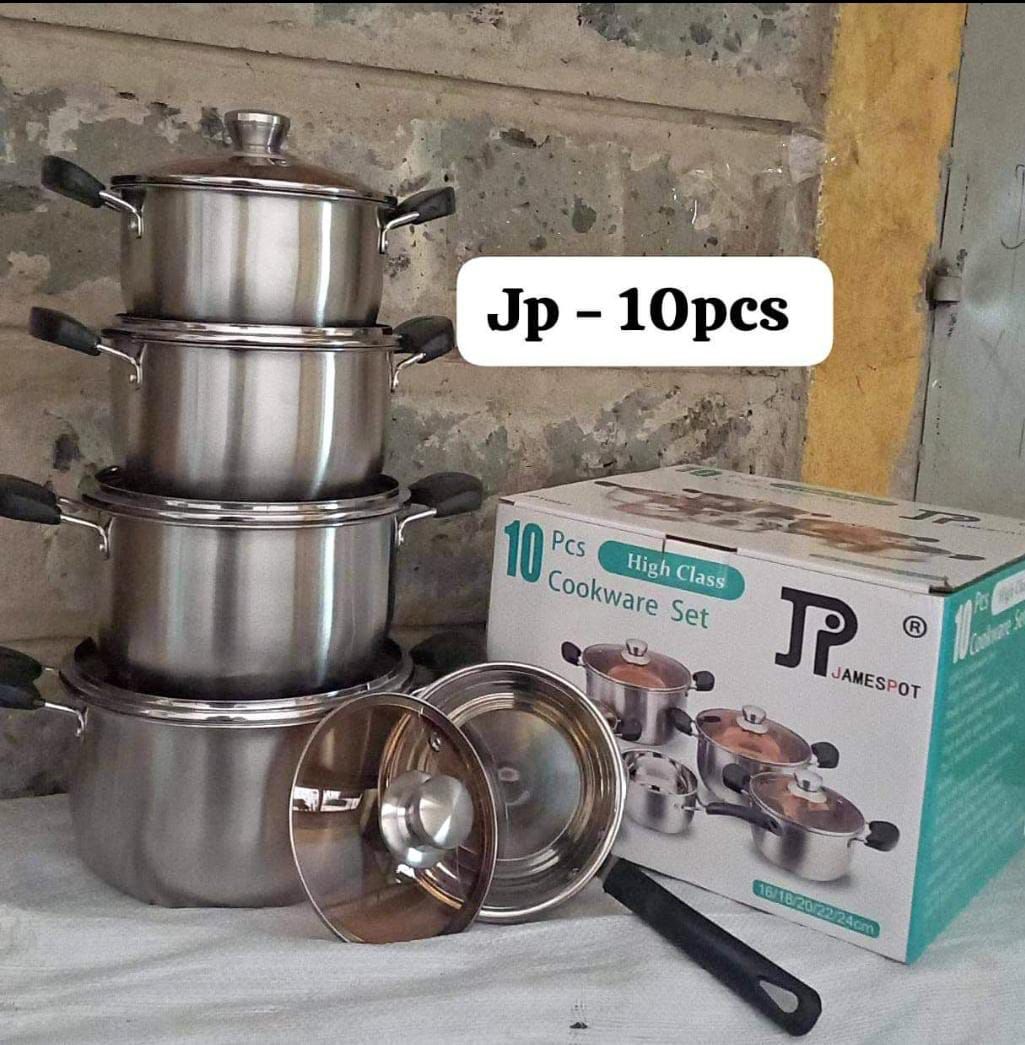 JP 10pcs Premium quality Stainless Steel Cookware Sets Pot Sufuria with Glass Lids.Heavy duty Supports induction cooking Non-stick Easy to maintain and clean