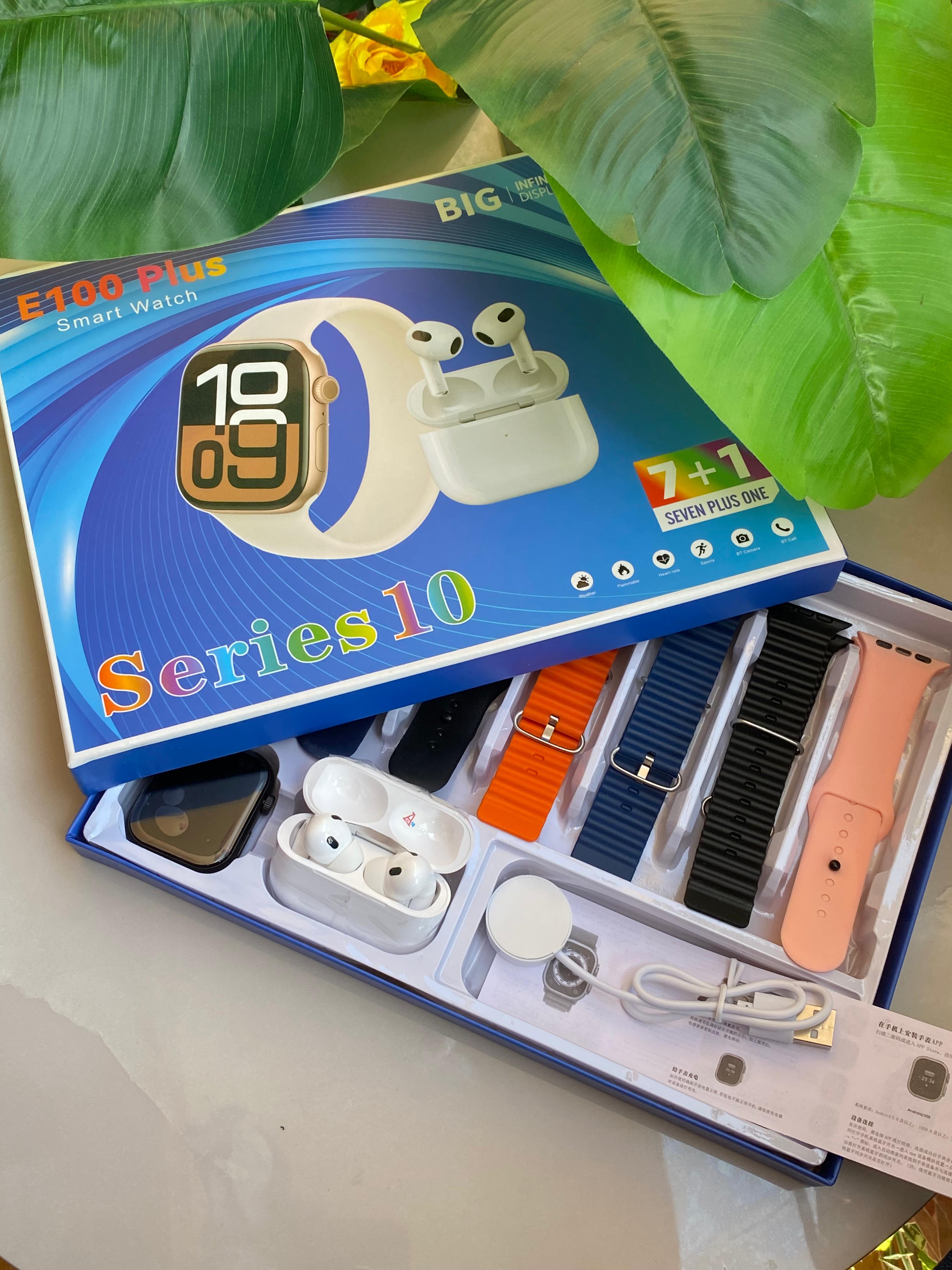 ♨️🔥NEW ARRIVALS🔥
*E100 plus SMART WATCH WITH EARBUDS AND 7 STRAPS ❇️7 interchange straps
❇️High Quality earbuds

♦️Sleep monitor
♦️Heart Rate/blood oxygen monitor
♦️Weather updates
♦️Multiple Sports