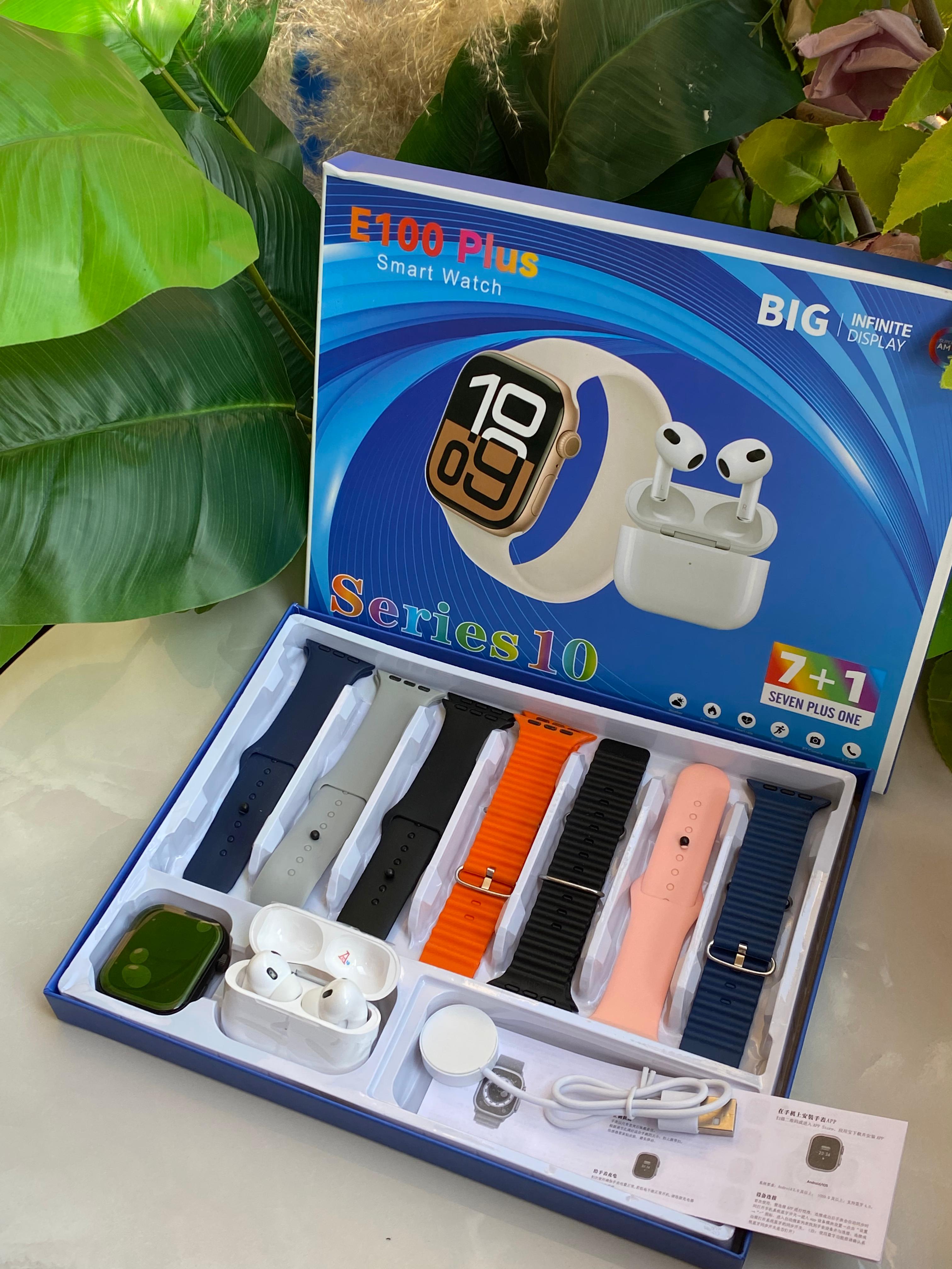♨️🔥NEW ARRIVALS🔥
*E100 plus SMART WATCH WITH EARBUDS AND 7 STRAPS ❇️7 interchange straps
❇️High Quality earbuds

♦️Sleep monitor
♦️Heart Rate/blood oxygen monitor
♦️Weather updates
♦️Multiple Sports