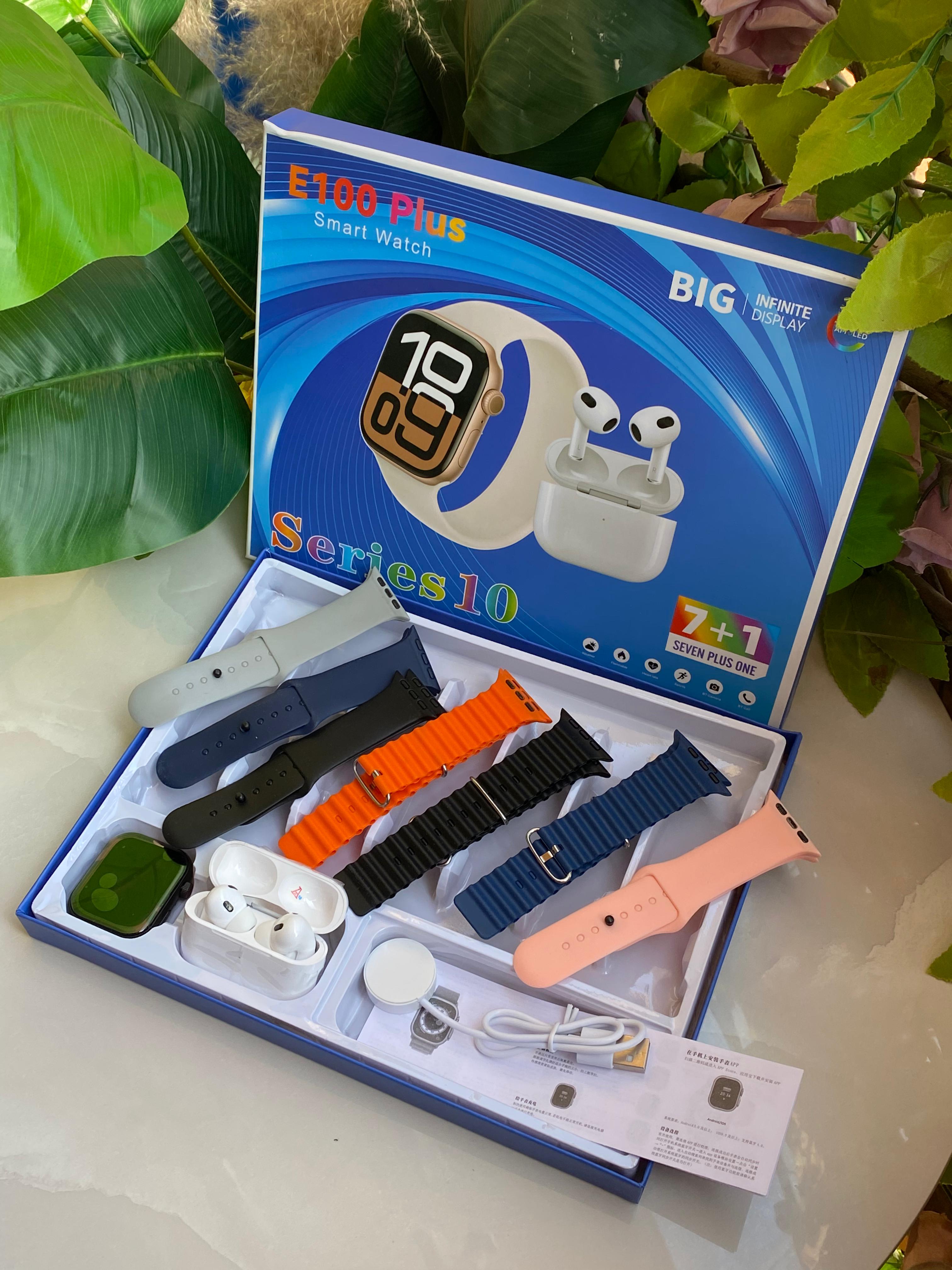 ♨️🔥NEW ARRIVALS🔥
*E100 plus SMART WATCH WITH EARBUDS AND 7 STRAPS ❇️7 interchange straps
❇️High Quality earbuds

♦️Sleep monitor
♦️Heart Rate/blood oxygen monitor
♦️Weather updates
♦️Multiple Sports