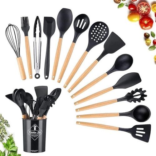 ♨️Silicon Cooking Utensil Set, Kitchen Utensil Set-12 pcs, Wooden Handles Utensils Tool for Nonstick Cookware, Non-Toxic Heat-Resistant Kitchen Tools Set Utensils (Black)👌