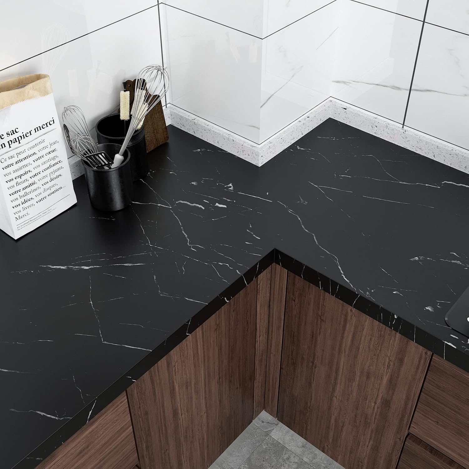 Black Marble Contact Paper Marble Peel and Stick Wallpaper Black Thick Waterproof Countertop Contact Paper Removable Self Adhesive Vinyl Wrap for Kitchen Shelf Liner Counter Top - 60cm by 500cm