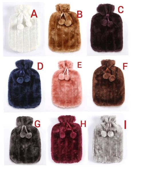 Hot Water Bottle with Cover -2L Natural Rubber Hot Water Bottles Cosy Faux Fur Pom Fleece|Assorted Colours Hot Water Bag for Pain Relief Secure & Leakproof Ideal Hot and Cold Compress - Random colour