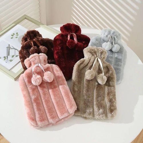 Hot Water Bottle with Cover -2L Natural Rubber Hot Water Bottles Cosy Faux Fur Pom Fleece|Assorted Colours Hot Water Bag for Pain Relief Secure & Leakproof Ideal Hot and Cold Compress - Random colour