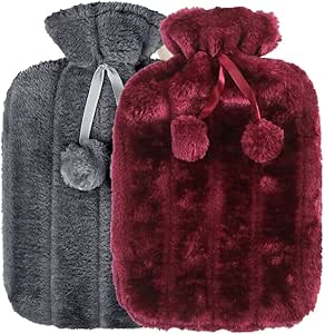 Hot Water Bottle with Cover -2L Natural Rubber Hot Water Bottles Cosy Faux Fur Pom Fleece|Assorted Colours Hot Water Bag for Pain Relief Secure & Leakproof Ideal Hot and Cold Compress - Random colour