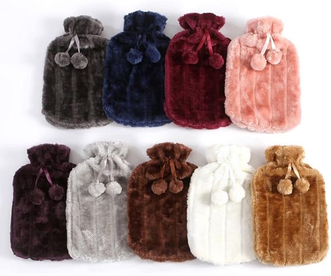 Hot Water Bottle with Cover -2L Natural Rubber Hot Water Bottles Cosy Faux Fur Pom Fleece|Assorted Colours Hot Water Bag for Pain Relief Secure & Leakproof Ideal Hot and Cold Compress - Random colour