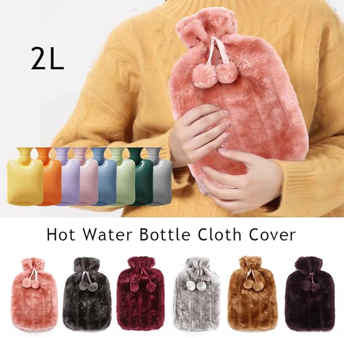 Hot Water Bottle with Cover -2L Natural Rubber Hot Water Bottles Cosy Faux Fur Pom Fleece|Assorted Colours Hot Water Bag for Pain Relief Secure & Leakproof Ideal Hot and Cold Compress - Random colour