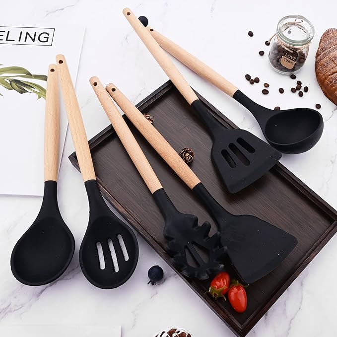 Silicone Spoons for Kitchen, Premium Heat Resistant Silicone Cooking Spoons with Non Stick Wooden Handles, Cooking Spoon for Serving Food, Omelet Egg Spoons - 12 pieces