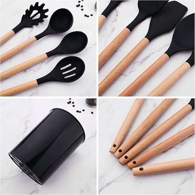 Silicone Spoons for Kitchen, Premium Heat Resistant Silicone Cooking Spoons with Non Stick Wooden Handles, Cooking Spoon for Serving Food, Omelet Egg Spoons - 12 pieces