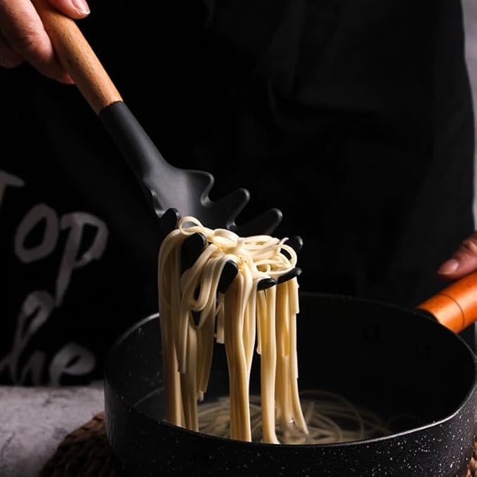 Silicone Spoons for Kitchen, Premium Heat Resistant Silicone Cooking Spoons with Non Stick Wooden Handles, Cooking Spoon for Serving Food, Omelet Egg Spoons - 12 pieces