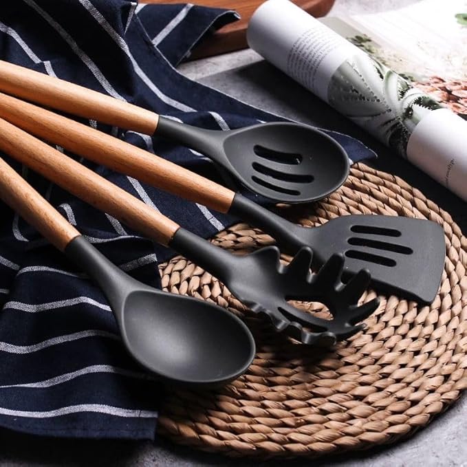 Silicone Spoons for Kitchen, Premium Heat Resistant Silicone Cooking Spoons with Non Stick Wooden Handles, Cooking Spoon for Serving Food, Omelet Egg Spoons - 12 pieces