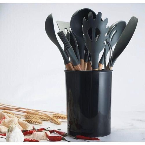 Silicone Spoons for Kitchen, Premium Heat Resistant Silicone Cooking Spoons with Non Stick Wooden Handles, Cooking Spoon for Serving Food, Omelet Egg Spoons - 12 pieces