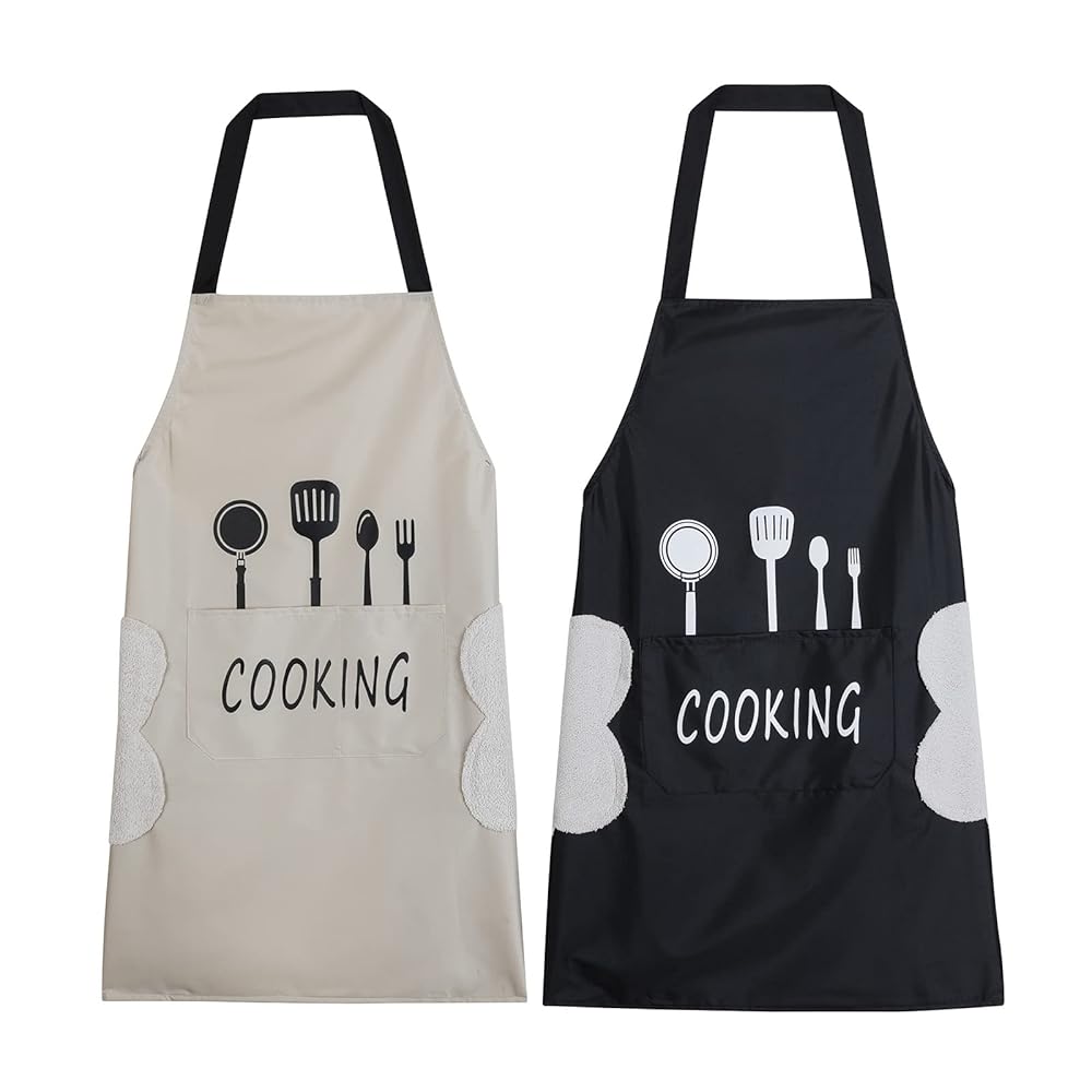 2 Pieces Kitchen Apron with adjustable straps,Water-drop Resistant with middle Pocket Cooking Bib Aprons for Women Men Chef
