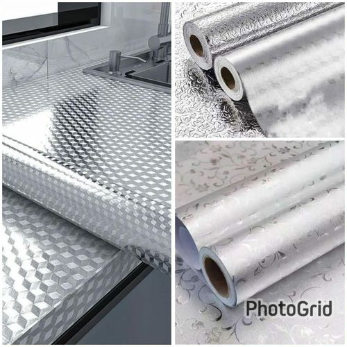Aluminum Foil Self Adhesive DIY Kitchen Anti Oil Contact Paper Peel Stick Wall Stickers Waterproof Wallpaper Decal Stove Cabinets Countertops Sticker Drawer Shelve Liner Silver ( 60cm by 5 meters)