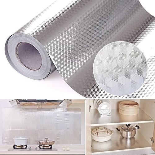 Aluminum Foil Self Adhesive DIY Kitchen Anti Oil Contact Paper Peel Stick Wall Stickers Waterproof Wallpaper Decal Stove Cabinets Countertops Sticker Drawer Shelve Liner Silver ( 60cm by 5 meters)