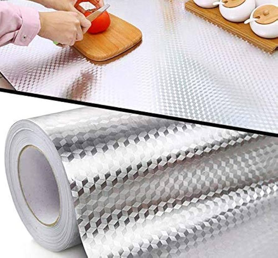 Aluminum Foil Self Adhesive DIY Kitchen Anti Oil Contact Paper Peel Stick Wall Stickers Waterproof Wallpaper Decal Stove Cabinets Countertops Sticker Drawer Shelve Liner Silver ( 60cm by 5 meters)