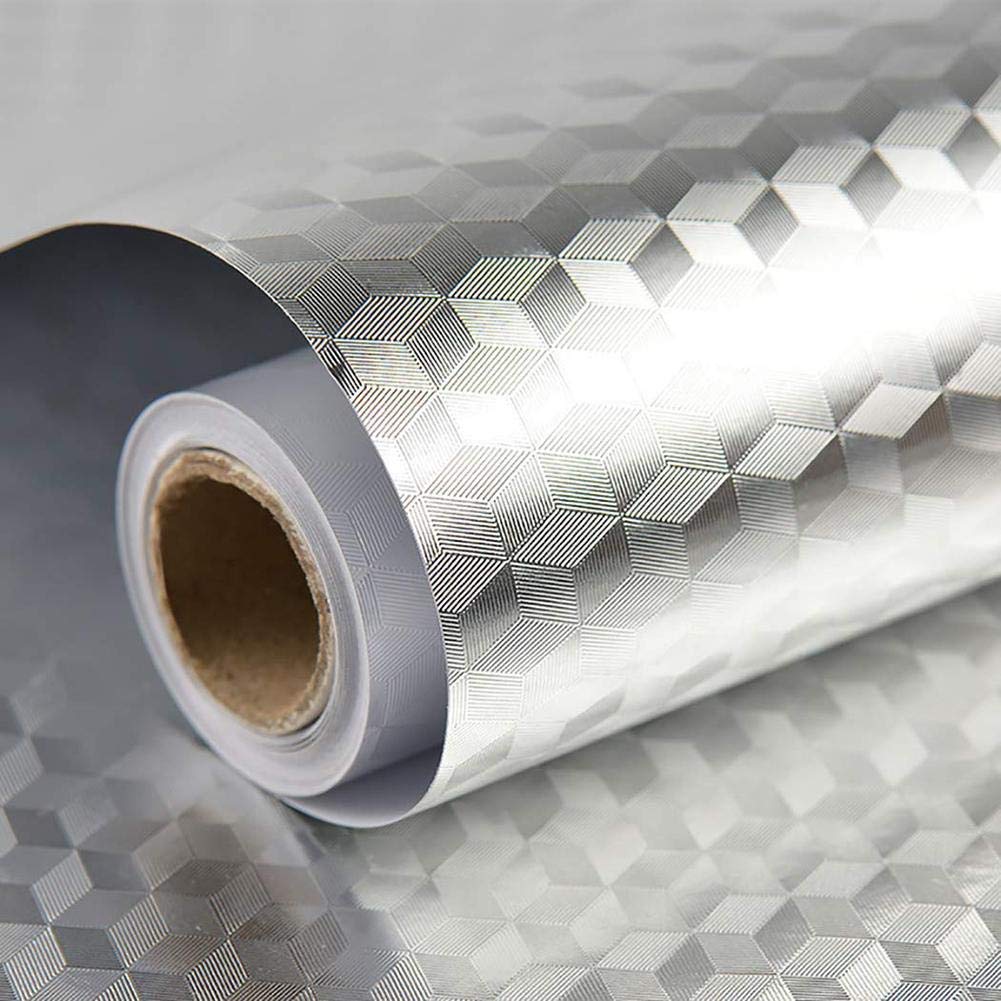 Aluminum Foil Self Adhesive DIY Kitchen Anti Oil Contact Paper Peel Stick Wall Stickers Waterproof Wallpaper Decal Stove Cabinets Countertops Sticker Drawer Shelve Liner Silver ( 60cm by 5 meters)