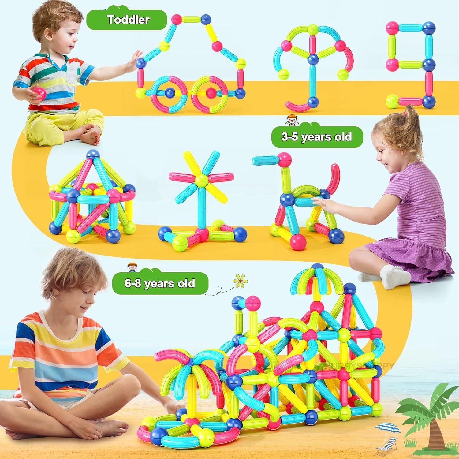 Magnetic Sticks 64 pcs Building Blocks for Kids, Magnetic Toys for Kids Girls Boys-3+ Years Magnetic Sticks with Balls Sticks Game Set Toddlers Educational Toys Multicolor
