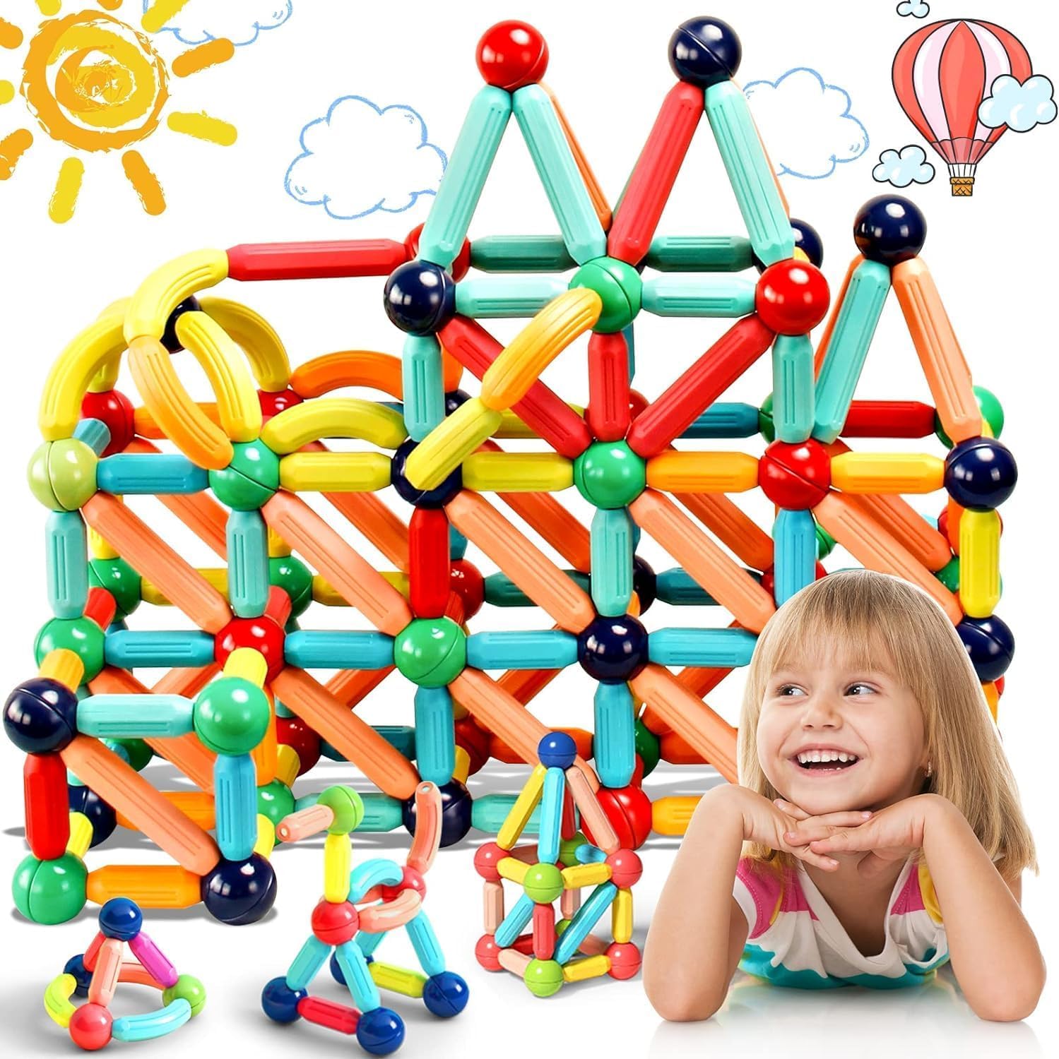 Magnetic Sticks 64 pcs Building Blocks for Kids, Magnetic Toys for Kids Girls Boys-3+ Years Magnetic Sticks with Balls Sticks Game Set Toddlers Educational Toys Multicolor