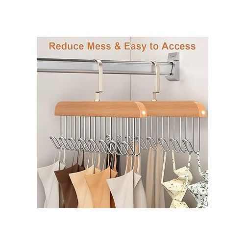 3 pieces Wardrobe Belt Holder, 3 Pieces Wooden Clothes Hangers with 8 Hooks, 360 Degree Rotating Tie Bracket, Non-Slip Organiser for Belts, Scarves, Storage Solution