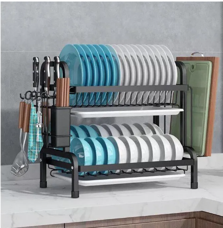 2 Layer Dish Drainer Premium SK23004(DR0001) High Quality Carbon Steel Dish Rack | Dishrack with Drainboard Set with Utensil Holder, Cup Holder and Dish,kitchen utensil rack,Dish rack