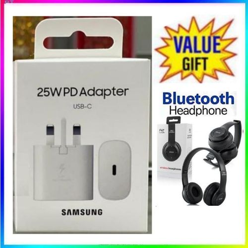 Samsung Original 25W Faster Charger Adapter For Galaxy A15,A25,A05S With Type C Output +Bluetooth Headphones