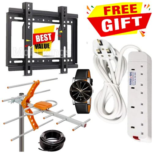 TV ACCESSORIES DIGITAL SMART TV SIGNAL RECEIVER ANTENNA // AERIAL ANTENNA COAXIAL CABLE 10M, TV Wall Mount Bracket Holder FOR DIGITAL SMART TV 4-43 Inches + 4 Way Power Extension Cable Socket & Watch