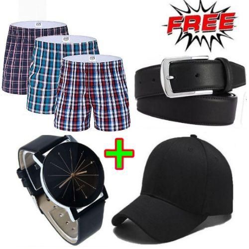 3 Pure Cotton Men's & Husband's Boxers Underwear – Assorted Briefs+ Free Cap, Watch & Belt